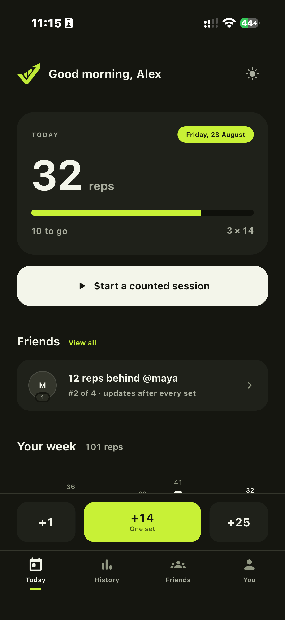 Pushlog today screen showing a daily push-up target and progress